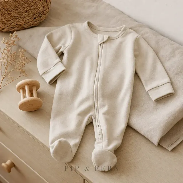 Footed sleeper in oat, lifestyle
