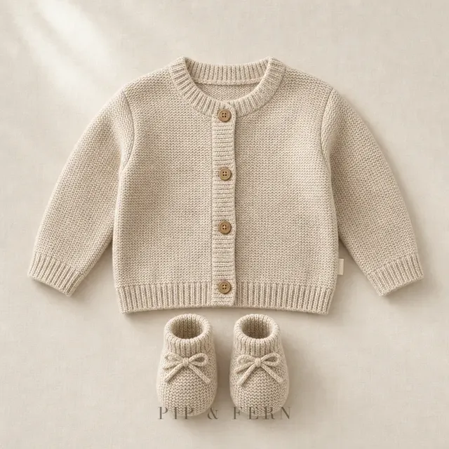 Knit Cardigan & Bootie Set, Oat