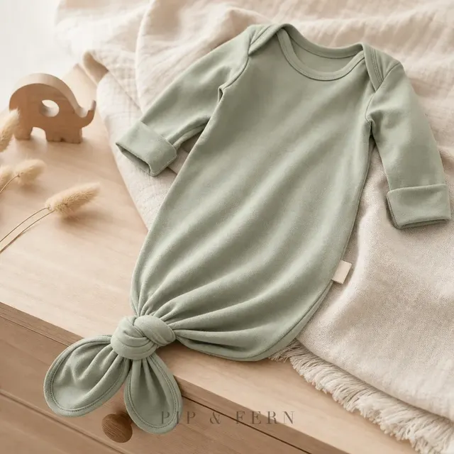 Knotted newborn gown in sage, lifestyle