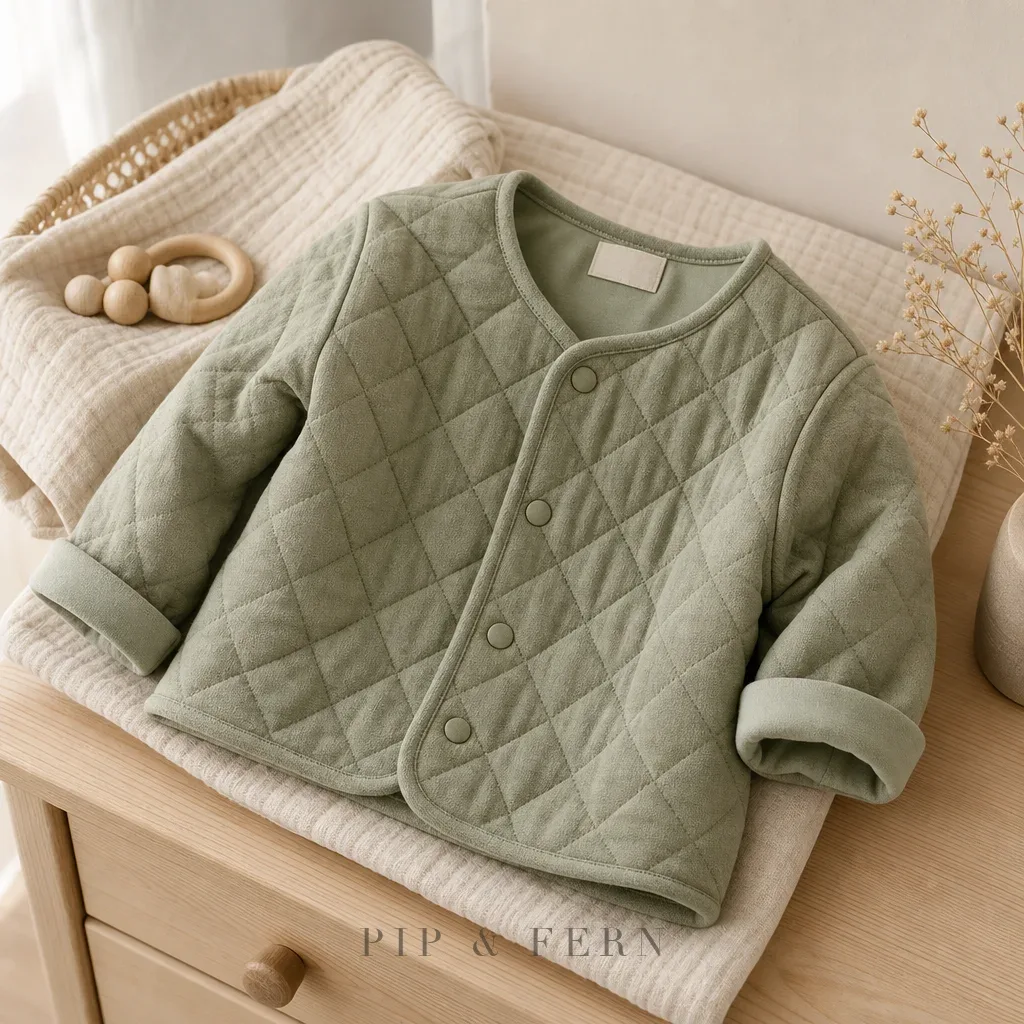 Quilted pram coat in sage, lifestyle