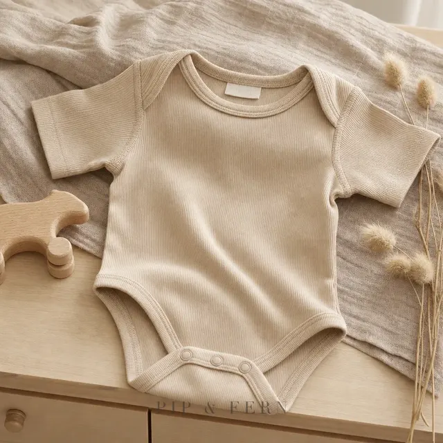 Ribbed organic bodysuit in sand, lifestyle