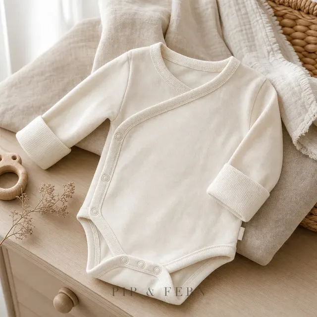 Side-snap newborn onesie in cream, lifestyle